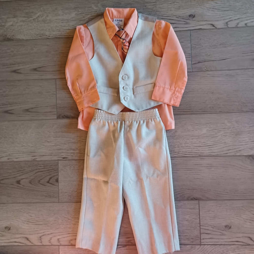 Izod 12Month 4 Piece Suit Tan Pants Vest Peach Button Down Shirt Orange Blue Tie